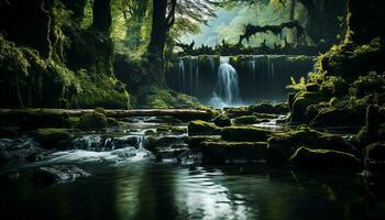 ai generado un cascada en el medio de un bosque con rocas y musgo foto