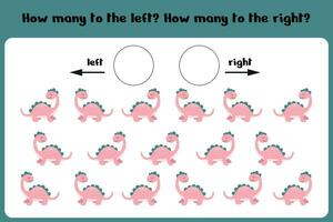 Count how many dinos go to the right and left Logical game for children Left-right. Training sheet.  Vector illustration