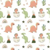 Seamless pattern with cute dinosaurs on a white background. Print for children's clothes, wrapping paper. Vector illustration