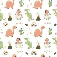 Seamless pattern with cute dinosaurs on a white background. Print for children's clothes, wrapping paper. Vector illustration