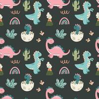Seamless pattern with cute dinosaurs on a dark gray background. Print for children's clothes, wrapping paper. Vector illustration