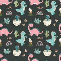 Seamless pattern with cute dinosaurs on a dark gray background. Print for children's clothes, wrapping paper. Vector illustration