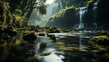 AI generated a waterfall in the middle of a forest with rocks and moss photo