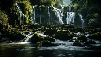 AI generated a waterfall in the middle of a forest with rocks and moss photo