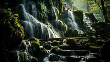 AI generated a waterfall in the middle of a forest with rocks and trees photo