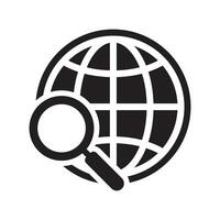 Global search icon. Magnifier and globe icon, search for a place on a map or on the globe sign. The icon of the magnifying glass and planet Earth. vector