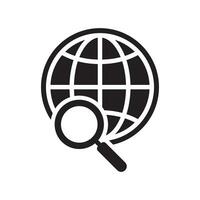 Global search icon. Magnifier and globe icon, search for a place on a map or on the globe sign. The icon of the magnifying glass and planet Earth. vector