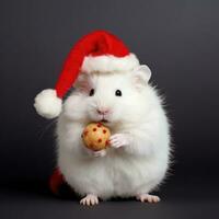 AI generated Adorable fluffy hamster Santa hat sitting Christmas present box lights photo new year poster