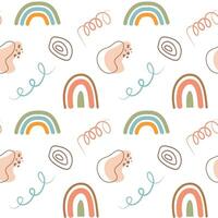 Boho seamless pattern. Cute scandinavian rainbows and abstract shapes background. vector