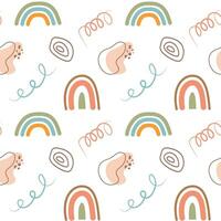 Boho seamless pattern. Cute scandinavian rainbows and abstract shapes background. vector