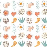 Boho seamless pattern. Cute flowers, heart and abstract shapes background. vector