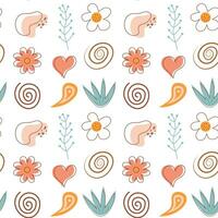 Boho seamless pattern. Cute flowers, heart and abstract shapes background. vector