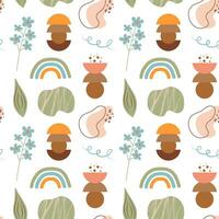 Boho seamless pattern. Cute flowers, rainbow and abstract shapes background. vector