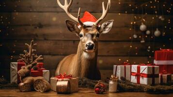 ai generado linda ciervo rojo Papa Noel sombrero antecedentes nieve tarjeta postal mullido animales regalo rojo invierno foto