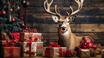 ai generado linda ciervo rojo Papa Noel sombrero antecedentes nieve tarjeta postal mullido animales regalo rojo invierno foto