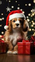 AI generated Cute dog husky wolf puppy with christmas gift boxes concept photo poster merry present red new year