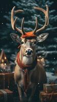 ai generado linda ciervo rojo Papa Noel sombrero antecedentes nieve tarjeta postal mullido animales regalo rojo invierno foto