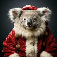 ai generado linda Conejo liebre rojo Papa Noel sombrero antecedentes nieve tarjeta postal mullido animales regalo rojo invierno foto