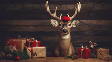 ai generado linda ciervo rojo Papa Noel sombrero antecedentes nieve tarjeta postal mullido animales regalo rojo invierno foto