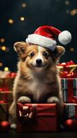 AI generated Cute dog husky wolf puppy with christmas gift boxes concept photo poster merry present red new year