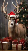 AI generated Cute deer red santa hat background snow postcard fluffy animals gift red winter photo