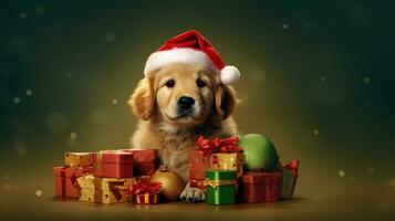 AI generated Cute dog husky wolf puppy with christmas gift boxes concept photo poster merry present red new year