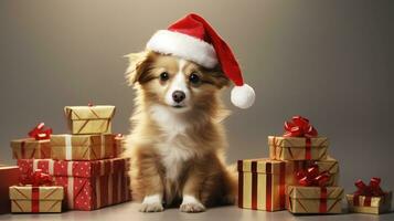 AI generated Cute dog husky wolf puppy with christmas gift boxes concept photo poster merry present red new year