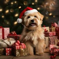 AI generated Cute dog husky wolf puppy with christmas gift boxes concept photo poster merry present red new year