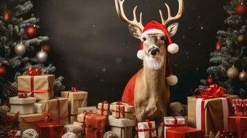 ai generado linda ciervo rojo Papa Noel sombrero antecedentes nieve tarjeta postal mullido animales regalo rojo invierno foto