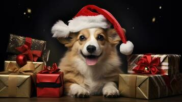 ai generado linda perro fornido lobo perrito con Navidad regalo cajas concepto foto póster alegre presente rojo nuevo año