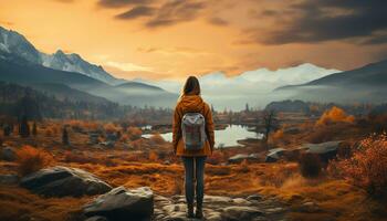 AI generated a person with a backpack looking at a river photo