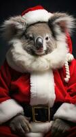 ai generado linda Conejo liebre rojo Papa Noel sombrero antecedentes nieve tarjeta postal mullido animales regalo rojo invierno foto