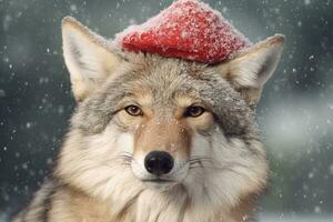 ai generado linda Conejo liebre rojo Papa Noel sombrero antecedentes nieve tarjeta postal mullido animales regalo rojo invierno foto