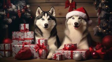 ai generado linda perro perrito con Navidad regalo cajas concepto foto póster alegre presente rojo nuevo año