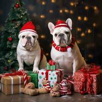 AI generated Cute dog puppy with christmas gift boxes concept photo poster merry present red new year