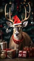 AI generated Cute deer red santa hat background snow postcard fluffy animals gift red winter photo