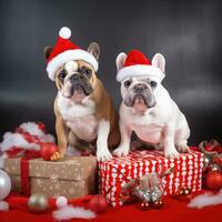 AI generated Cute dog puppy with christmas gift boxes concept photo poster merry present red new year