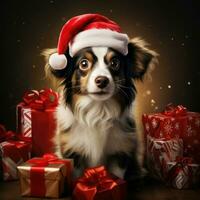 AI generated Cute dog husky wolf puppy with christmas gift boxes concept photo poster merry present red new year