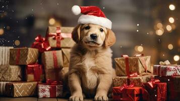 AI generated Cute dog husky wolf puppy with christmas gift boxes concept photo poster merry present red new year