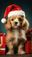 AI generated Cute dog husky wolf puppy with christmas gift boxes concept photo poster merry present red new year