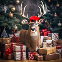 ai generado linda ciervo rojo Papa Noel sombrero antecedentes nieve tarjeta postal mullido animales regalo rojo invierno foto