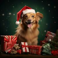 AI generated Cute dog husky wolf puppy with christmas gift boxes concept photo poster merry present red new year