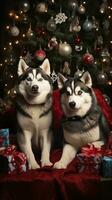 AI generated Cute dog husky wolf puppy with christmas gift boxes concept photo poster merry present red new year