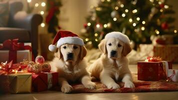 AI generated Cute dog puppy retriever with christmas gift boxes concept photo poster merry present red new year