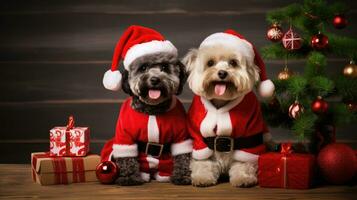 AI generated Cute dog puppy with christmas gift boxes concept photo poster merry present red new year