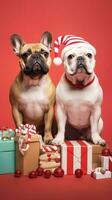 AI generated Cute dog puppy with christmas gift boxes concept photo poster merry present red new year