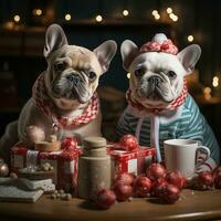 AI generated Cute dog puppy with christmas gift boxes concept photo poster merry present red new year