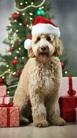 AI generated Cute dog puppy with christmas gift boxes concept photo poster merry present red new year