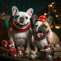 AI generated Cute dog puppy with christmas gift boxes concept photo poster merry present red new year