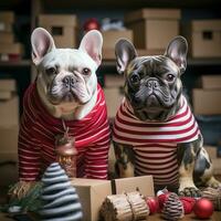 AI generated Cute dog puppy with christmas gift boxes concept photo poster merry present red new year